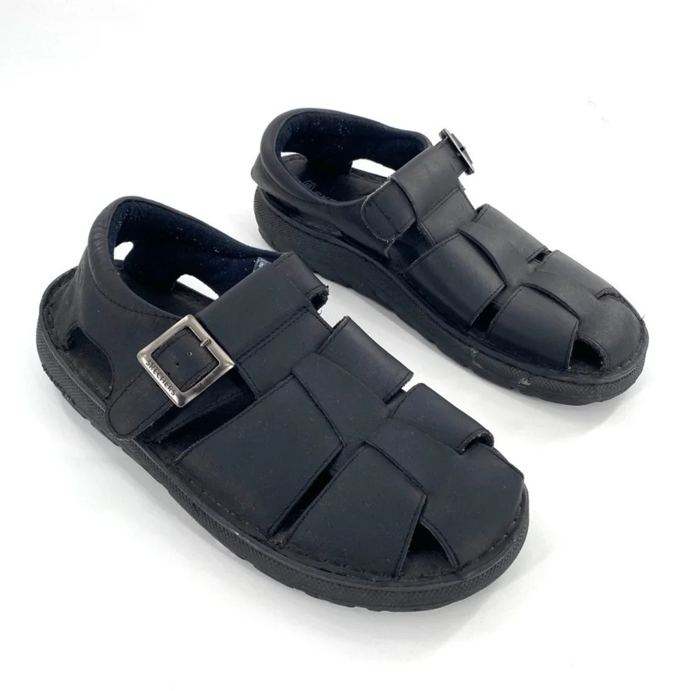 Skechers Mens Black Leather Fisherman Sandals Size 13 Buckle Adjustable‎ Comfort